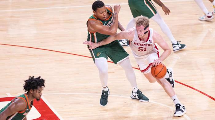 Nebraska forward Rienk Mast drives to the basket against Florida A&M (Nov. 9, 2023)